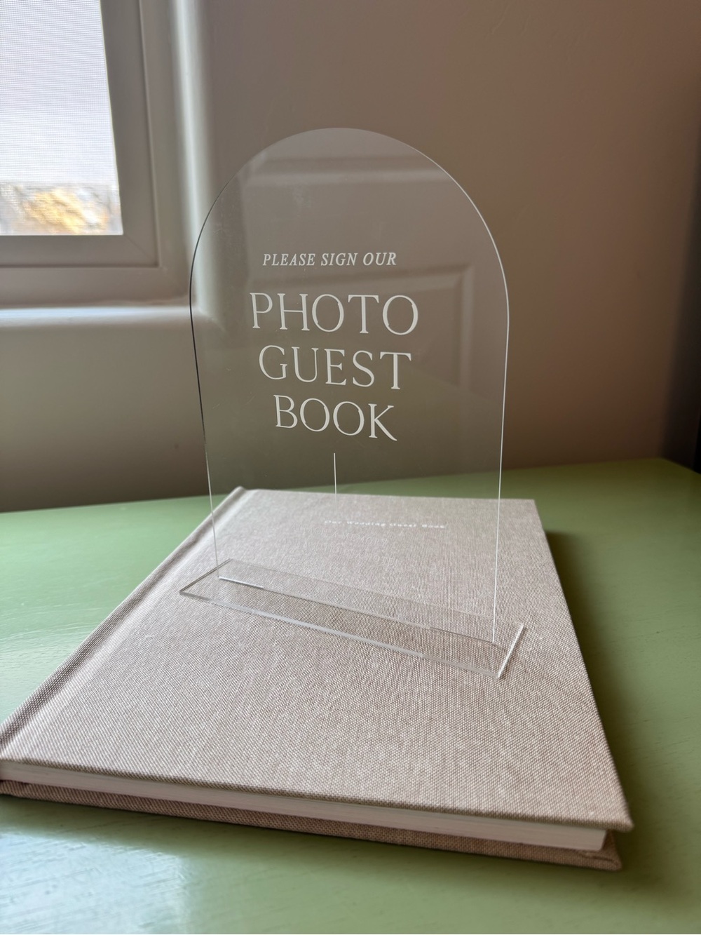 Clear Acrylic Wedding Guest Book Sign with White Lettering